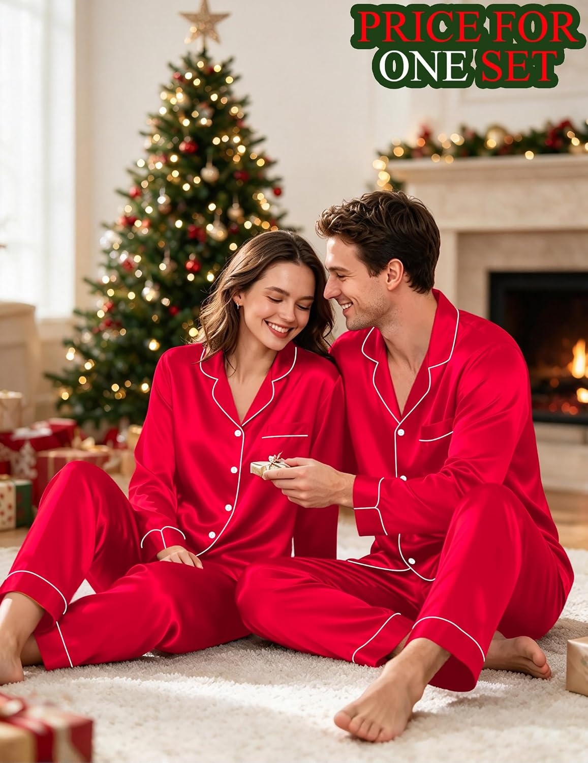 image:imageSWOMOG Matching Satin Pajamas for Couples Long Sleeve Button Down Sleepwear His and Hers Pajamas Sets Christmas LoungewearRed