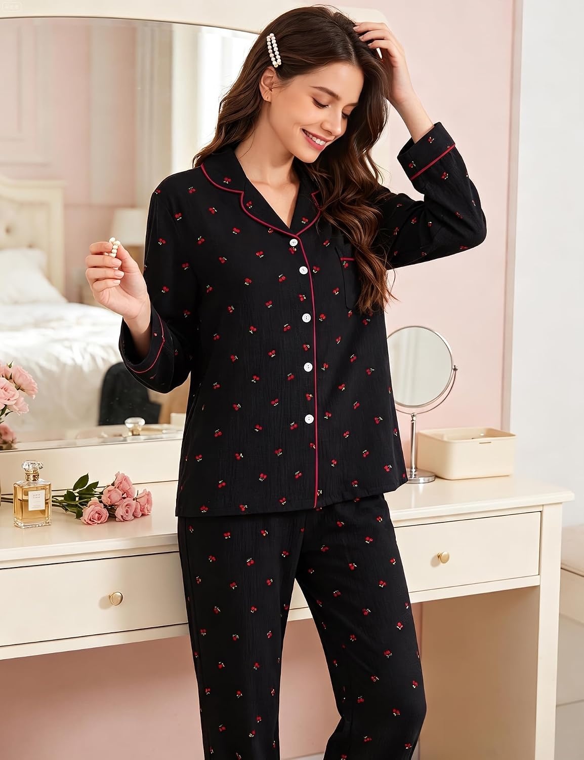image:imageSWOMOG Pajamas for Women Sets 2 Piece Button Down Printed Pjs Long Sleeve Tops and Pants Sleepwear Cute LoungewearBlack Cherry