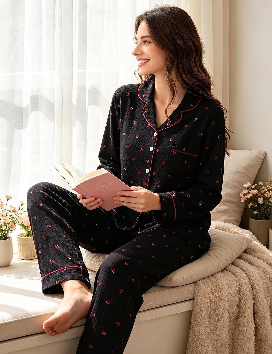 image:imageSWOMOG Pajamas for Women Sets 2 Piece Button Down Printed Pjs Long Sleeve Tops and Pants Sleepwear Cute LoungewearBlack Cherry