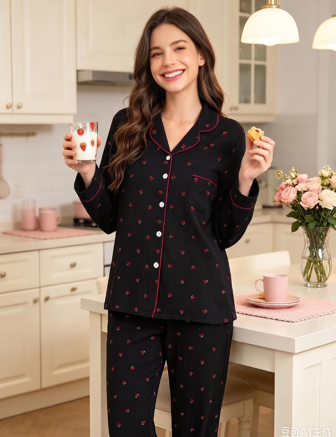 image:imageSWOMOG Pajamas for Women Sets 2 Piece Button Down Printed Pjs Long Sleeve Tops and Pants Sleepwear Cute LoungewearBlack Cherry