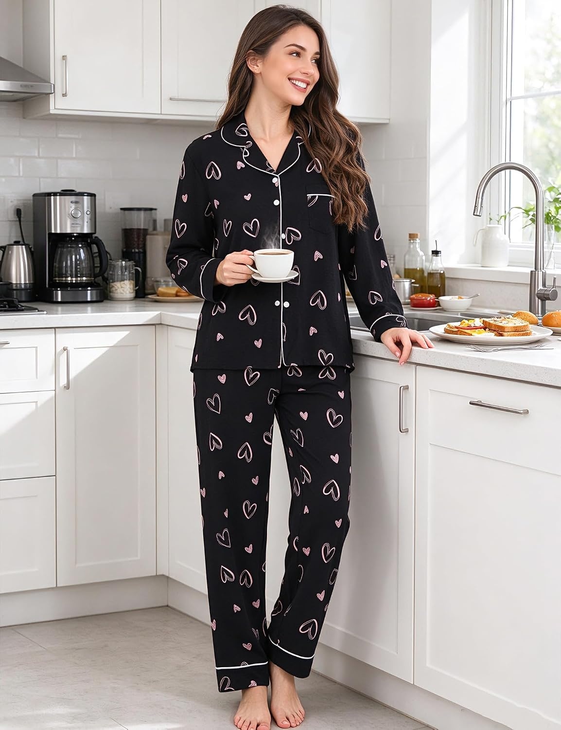 image:imageSWOMOG Pajamas for Women Sets 2 Piece Button Down Printed Pjs Long Sleeve Tops and Pants Sleepwear Cute LoungewearBlack Heart