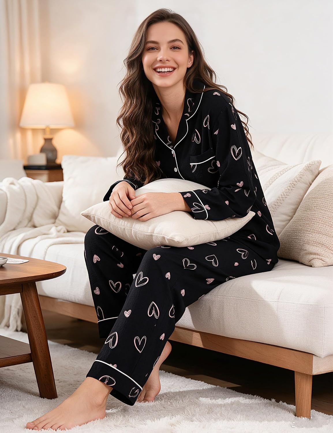 image:imageSWOMOG Pajamas for Women Sets 2 Piece Button Down Printed Pjs Long Sleeve Tops and Pants Sleepwear Cute LoungewearBlack Heart