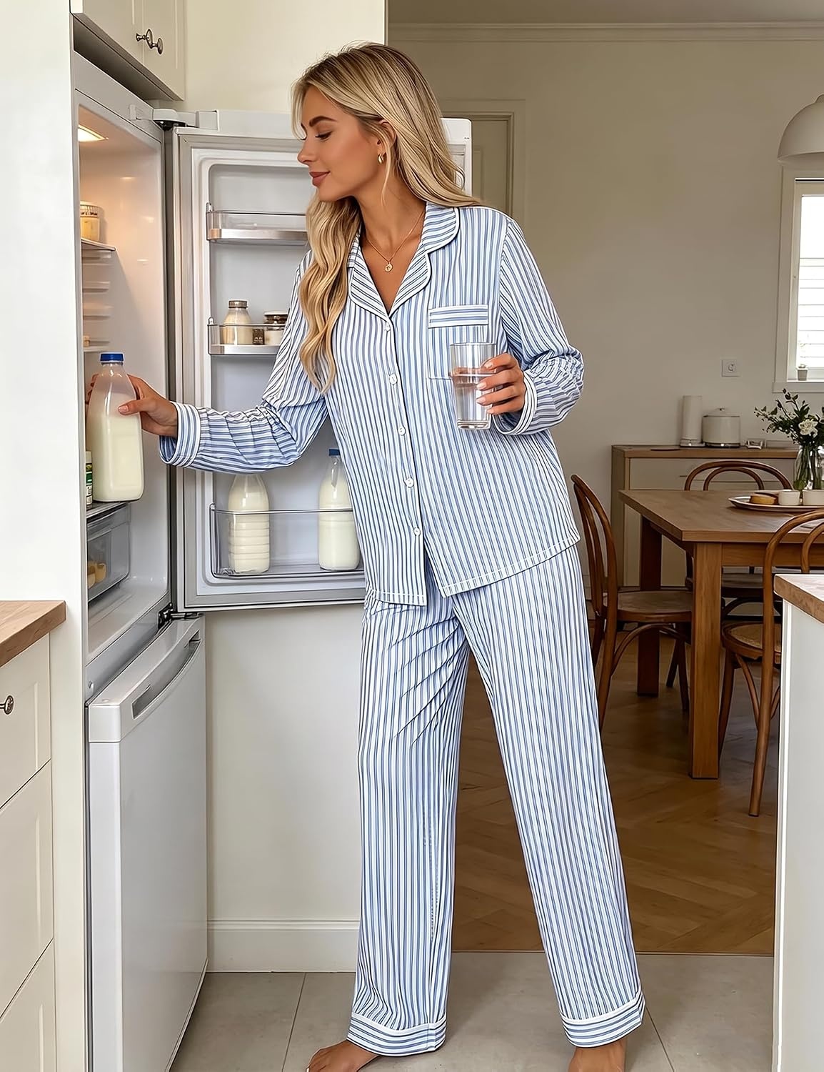 image:imageSWOMOG Pajamas for Women Sets 2 Piece Button Down Printed Pjs Long Sleeve Tops and Pants Sleepwear Cute LoungewearBlue Striped