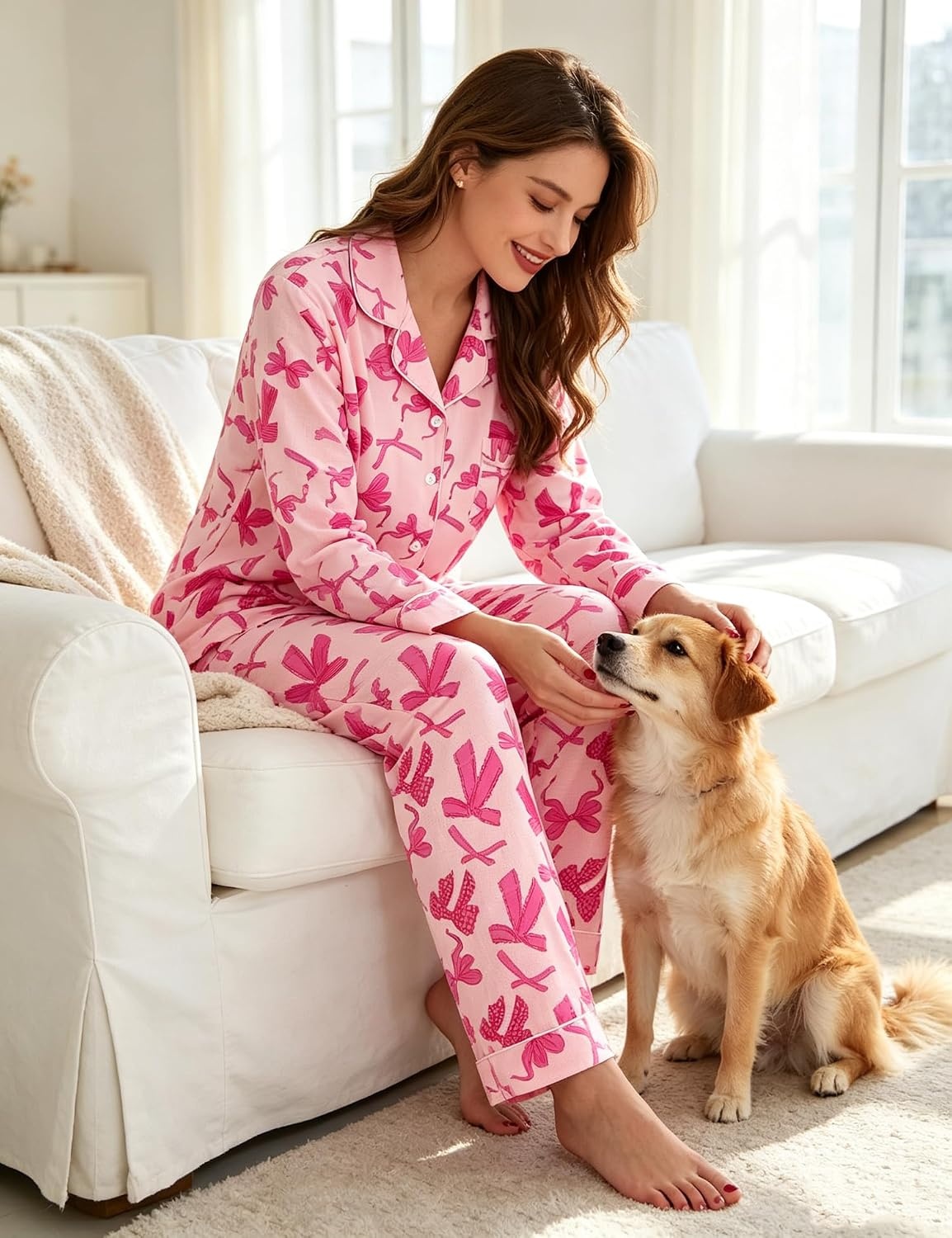 image:imageSWOMOG Pajamas for Women Sets 2 Piece Button Down Printed Pjs Long Sleeve Tops and Pants Sleepwear Cute LoungewearHot Pink Bow