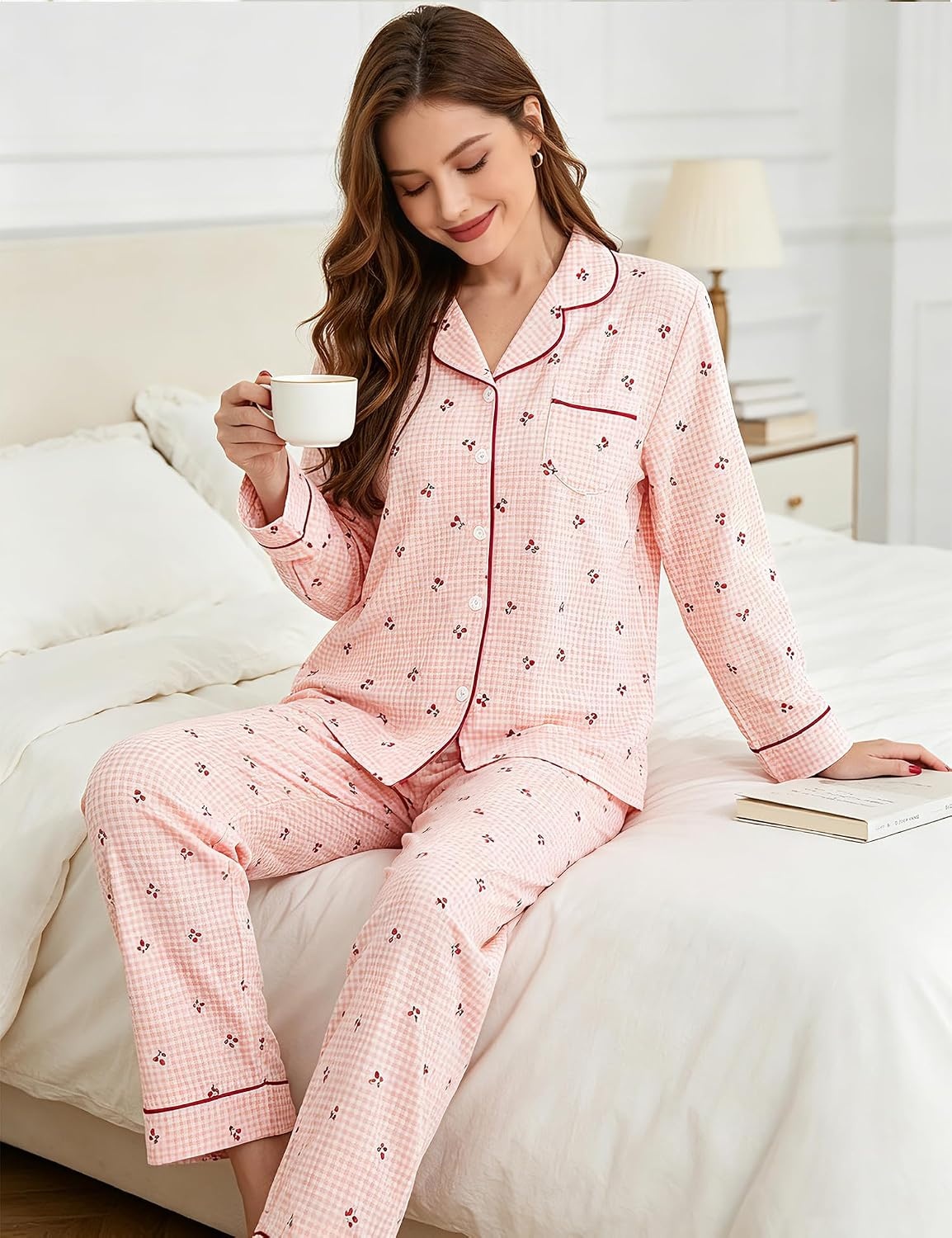 image:imageSWOMOG Pajamas for Women Sets 2 Piece Button Down Printed Pjs Long Sleeve Tops and Pants Sleepwear Cute LoungewearPink Plaid Cherry