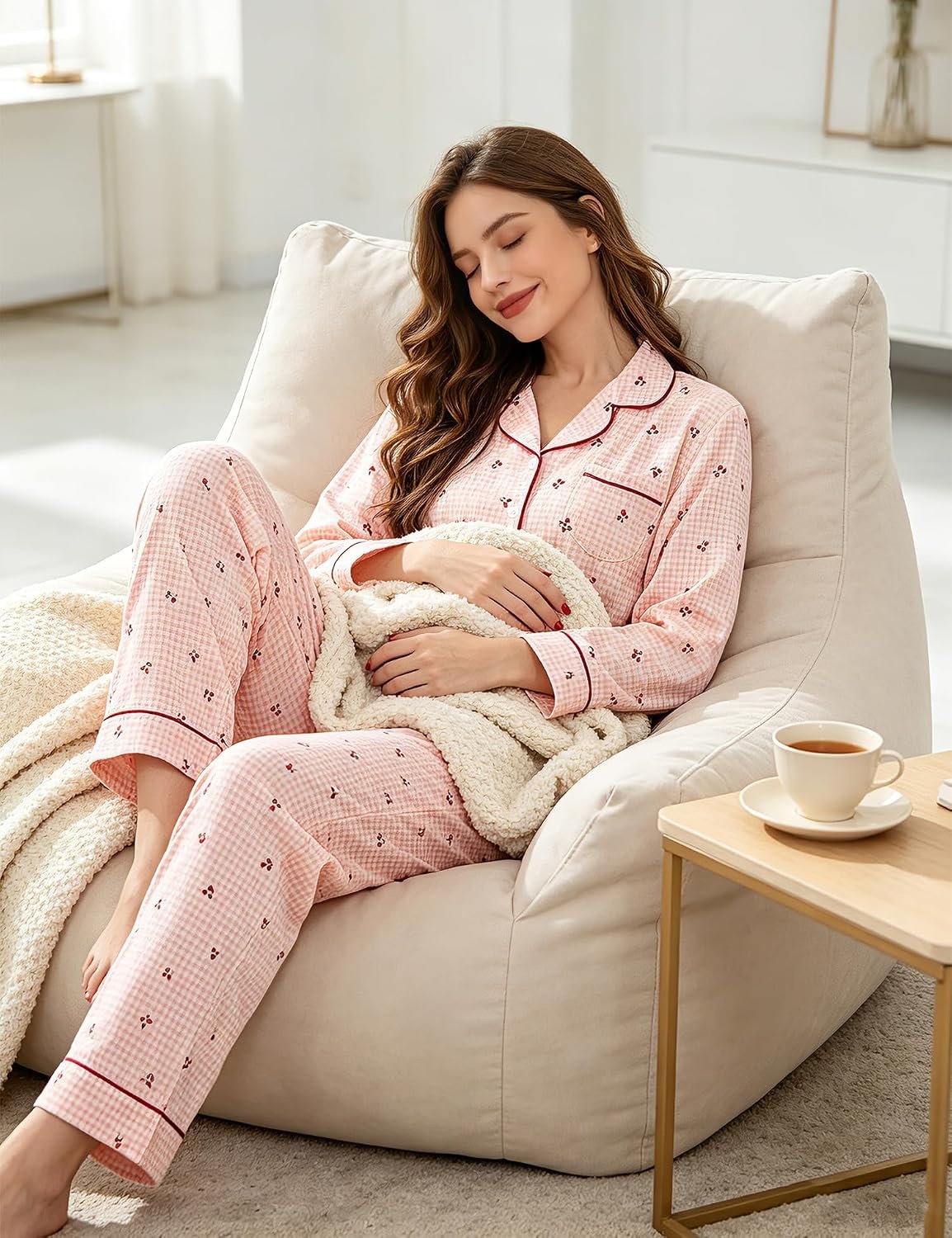 image:imageSWOMOG Pajamas for Women Sets 2 Piece Button Down Printed Pjs Long Sleeve Tops and Pants Sleepwear Cute LoungewearPink Plaid Cherry