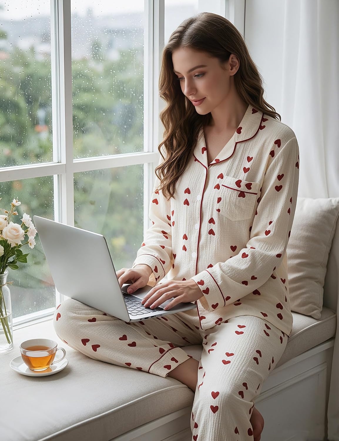 image:imageSWOMOG Pajamas for Women Sets 2 Piece Button Down Printed Pjs Long Sleeve Tops and Pants Sleepwear Cute LoungewearRed Heart