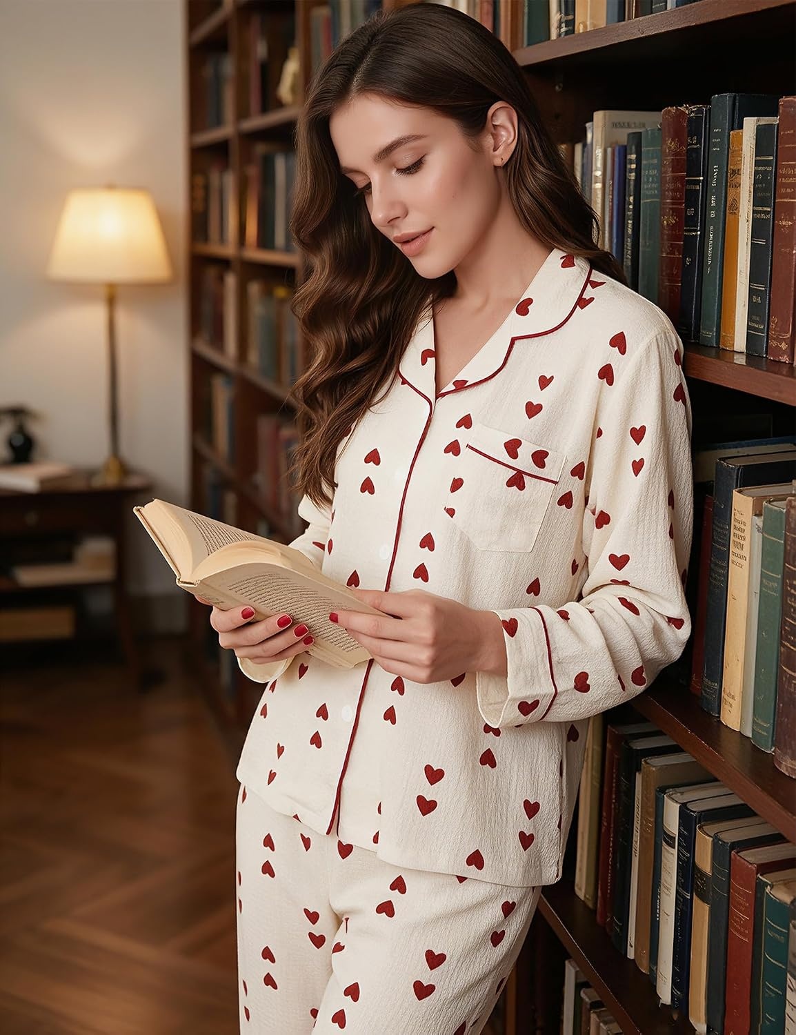 image:imageSWOMOG Pajamas for Women Sets 2 Piece Button Down Printed Pjs Long Sleeve Tops and Pants Sleepwear Cute LoungewearRed Heart