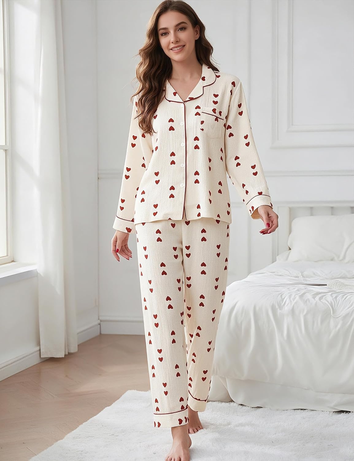 image:imageSWOMOG Pajamas for Women Sets 2 Piece Button Down Printed Pjs Long Sleeve Tops and Pants Sleepwear Cute LoungewearRed Heart
