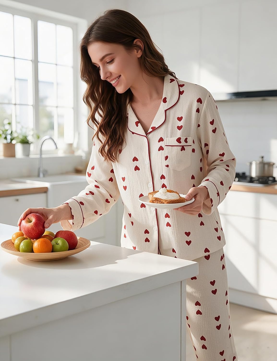 image:imageSWOMOG Pajamas for Women Sets 2 Piece Button Down Printed Pjs Long Sleeve Tops and Pants Sleepwear Cute LoungewearRed Heart