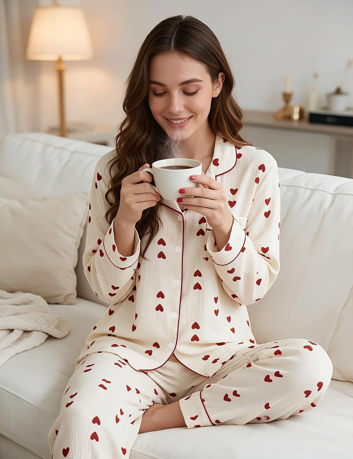 image:imageSWOMOG Pajamas for Women Sets 2 Piece Button Down Printed Pjs Long Sleeve Tops and Pants Sleepwear Cute LoungewearRed Heart