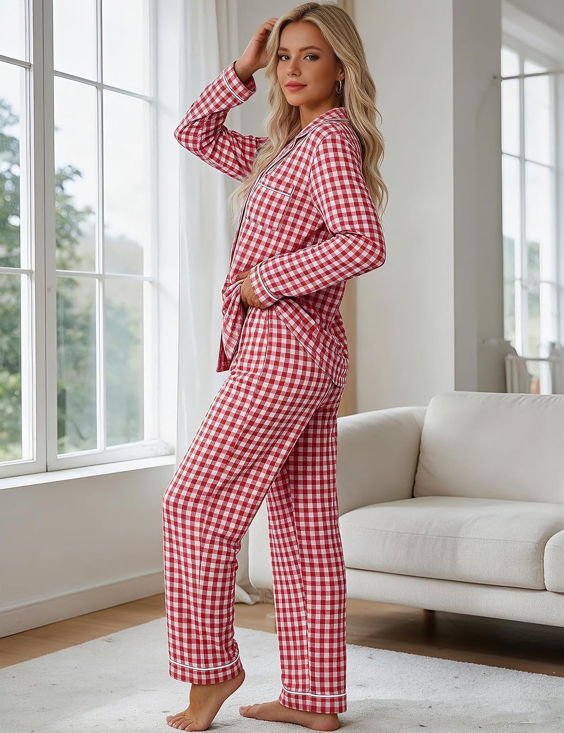 image:imageSWOMOG Pajamas for Women Sets 2 Piece Button Down Printed Pjs Long Sleeve Tops and Pants Sleepwear Cute LoungewearRed White Plaid