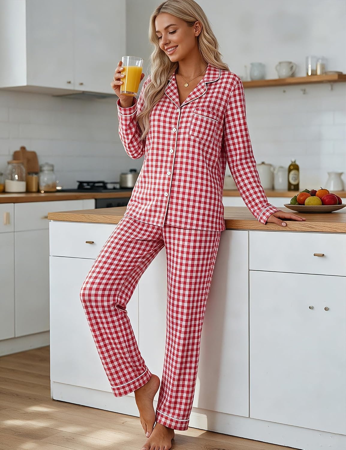 image:imageSWOMOG Pajamas for Women Sets 2 Piece Button Down Printed Pjs Long Sleeve Tops and Pants Sleepwear Cute LoungewearRed White Plaid