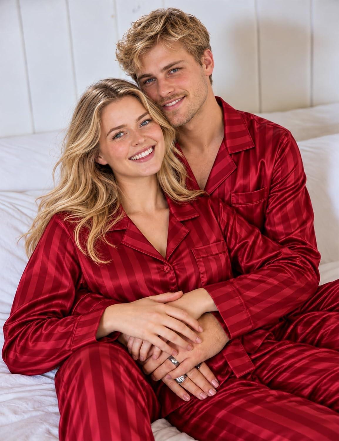 image:imageSWOMOG Silky Couple Matching Pajamas Sets 2 Pcs Lounge Set SleepwearRed Stripes