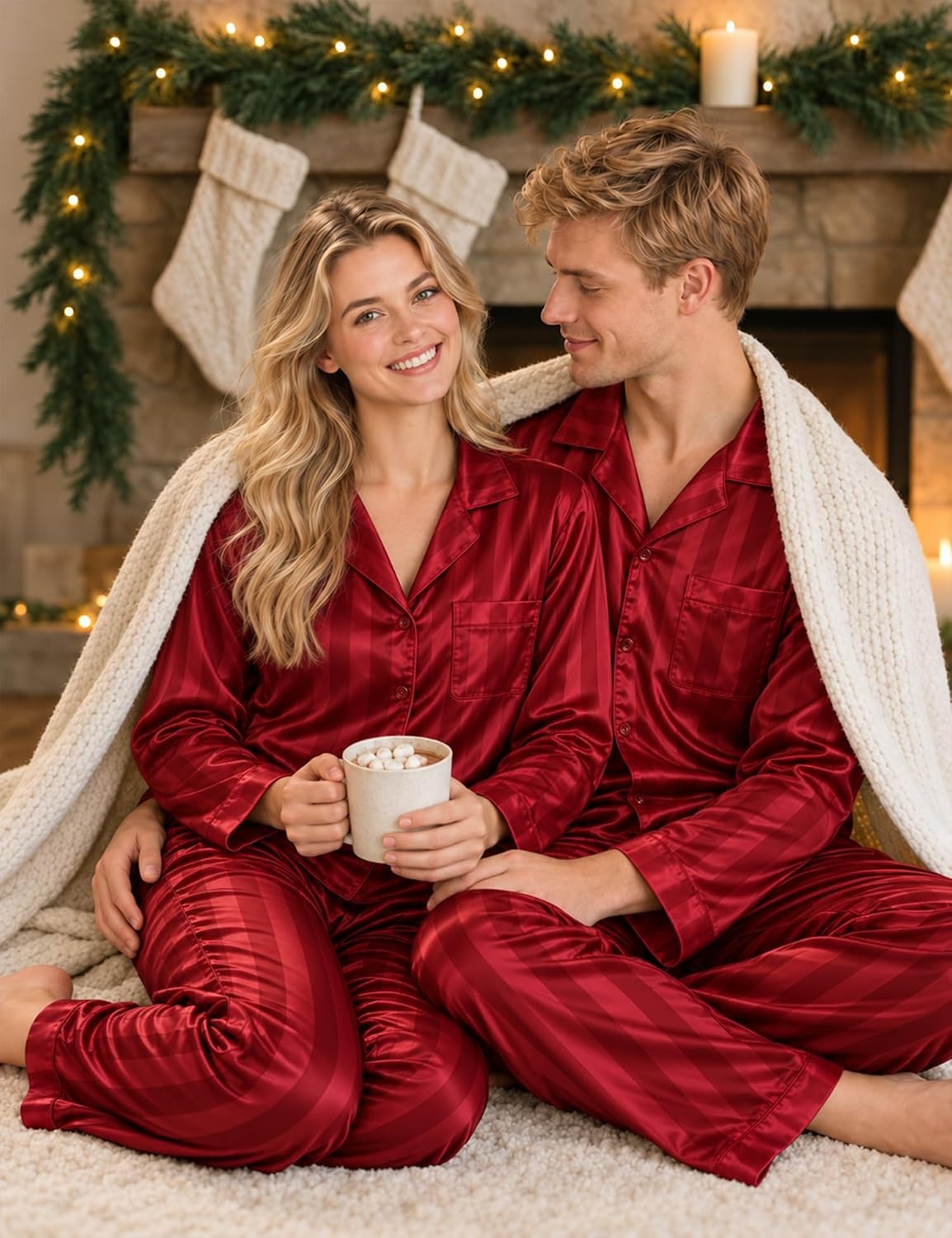 image:imageSWOMOG Silky Couple Matching Pajamas Sets 2 Pcs Lounge Set SleepwearRed Stripes