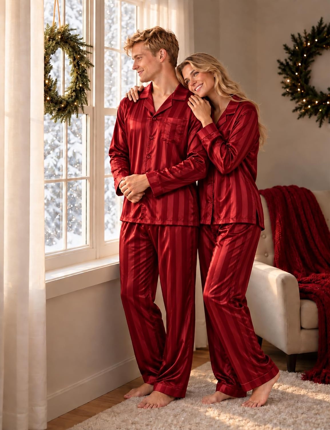 image:imageSWOMOG Silky Couple Matching Pajamas Sets 2 Pcs Lounge Set SleepwearRed Stripes