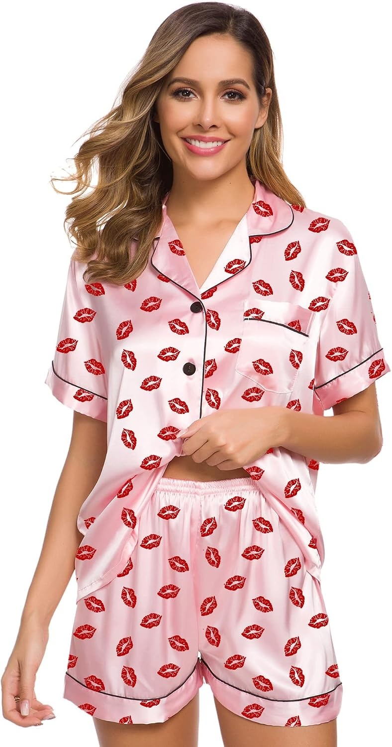 image:imageSWOMOG Womens Silk Satin Pajamas Set Short Sleeve Sleepwear Button Down Top and Shorts Loungewear 2 Piece Pjs Set XS3XLPink Kiss
