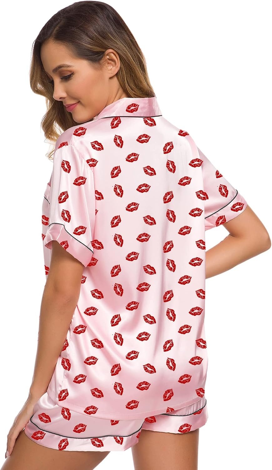 image:imageSWOMOG Womens Silk Satin Pajamas Set Short Sleeve Sleepwear Button Down Top and Shorts Loungewear 2 Piece Pjs Set XS3XLPink Kiss