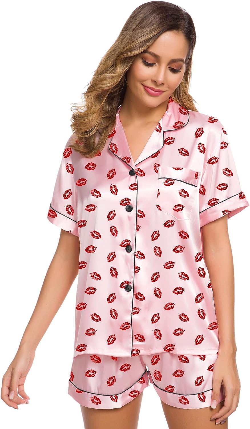 image:imageSWOMOG Womens Silk Satin Pajamas Set Short Sleeve Sleepwear Button Down Top and Shorts Loungewear 2 Piece Pjs Set XS3XLPink Kiss
