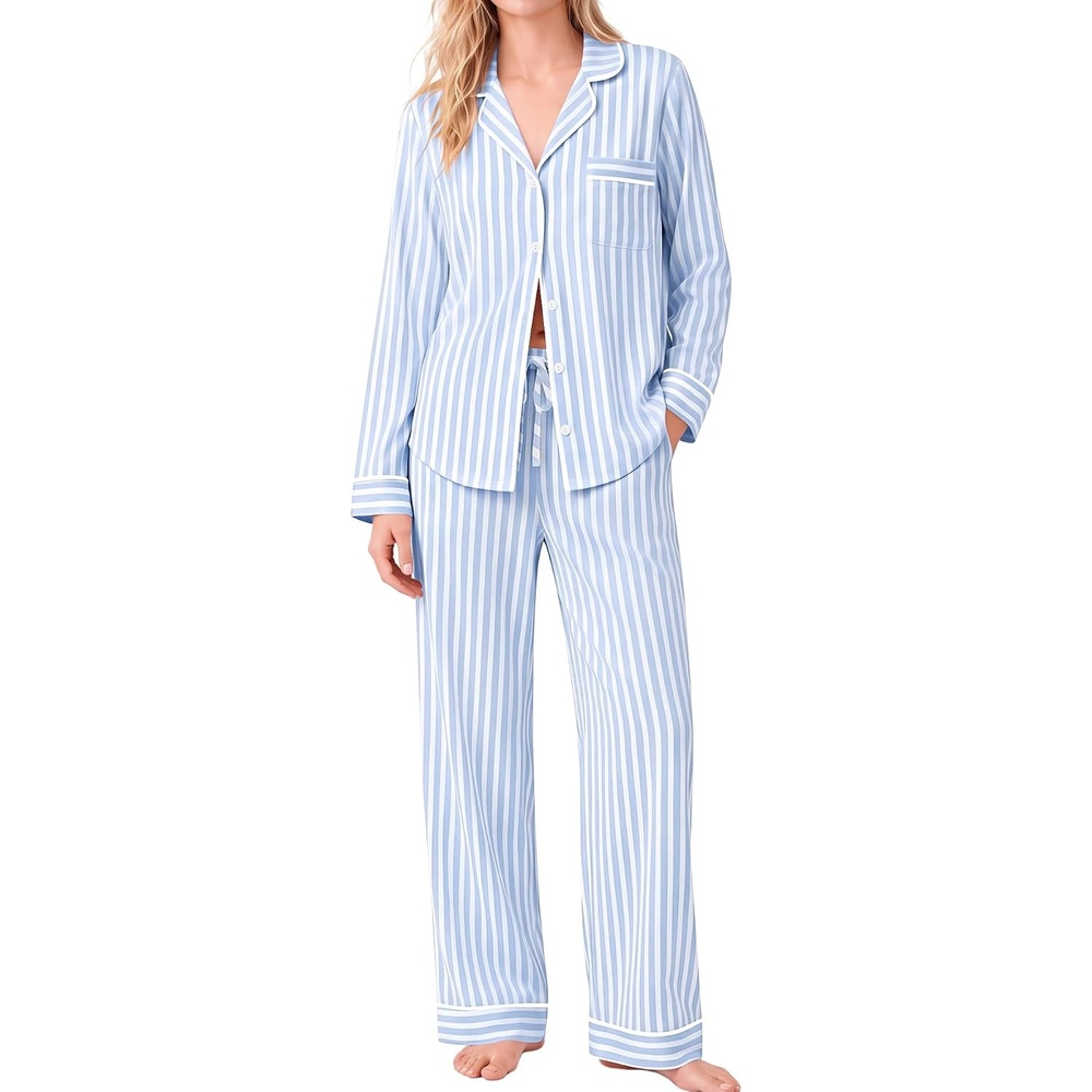 image:imageSWOMOG 100 Cotton Pajama Sets for Women Long Sleeve Button Down Pj Sets Sleepwear 2 Pcs Comfy Loungewear with PantsBlue Stripe
