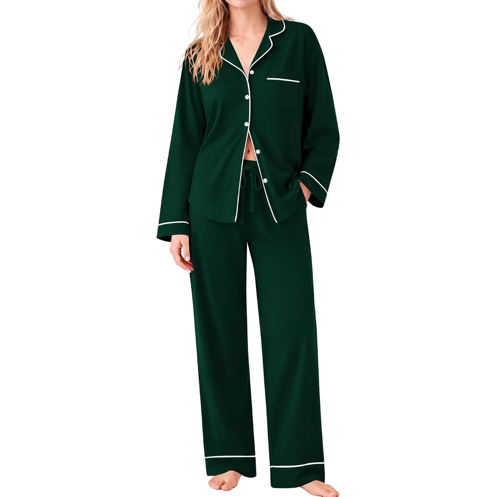 image:imageSWOMOG 100 Cotton Pajama Sets for Women Long Sleeve Button Down Pj Sets Sleepwear 2 Pcs Comfy Loungewear with PantsGreen
