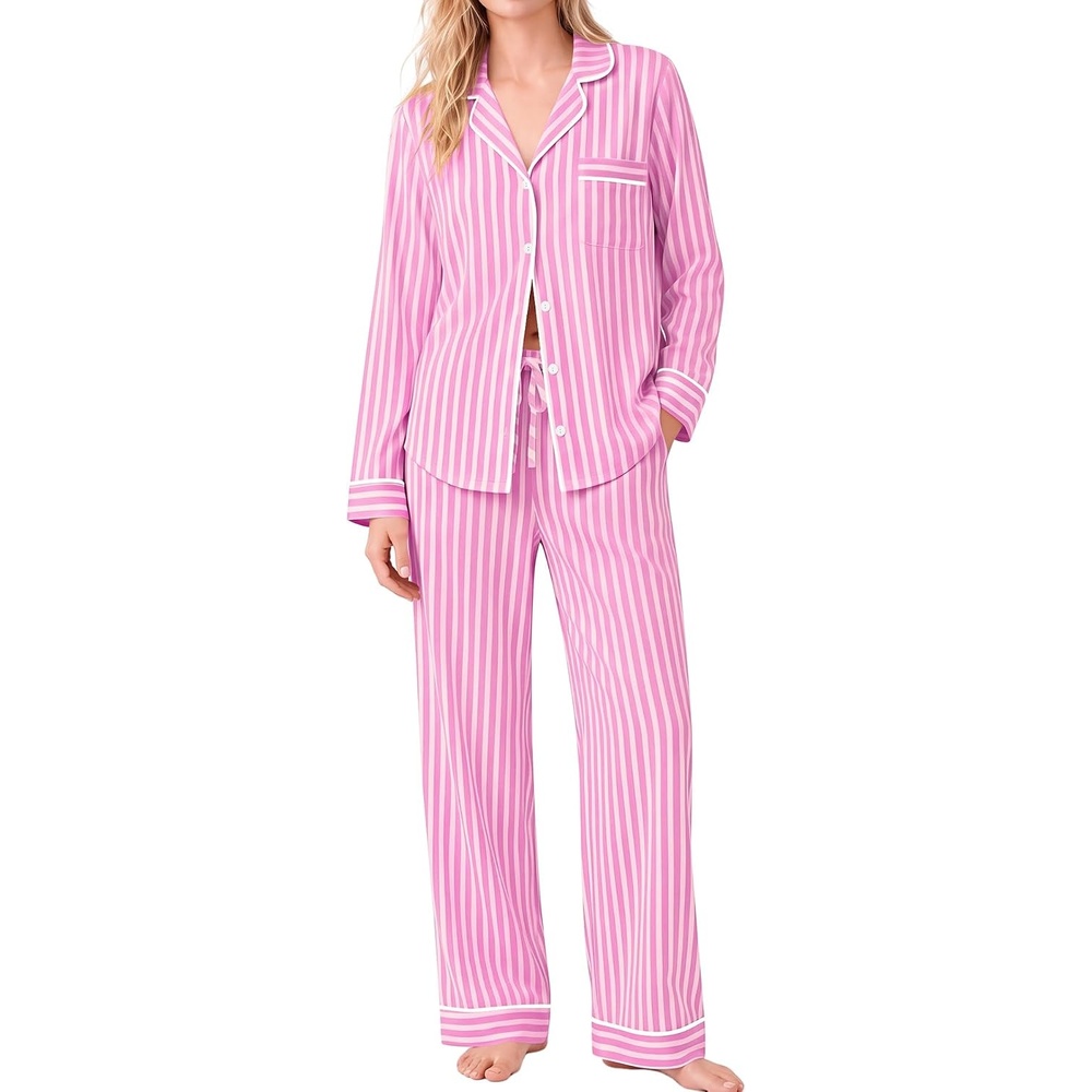 image:imageSWOMOG 100 Cotton Pajama Sets for Women Long Sleeve Button Down Pj Sets Sleepwear 2 Pcs Comfy Loungewear with PantsPurple Striped
