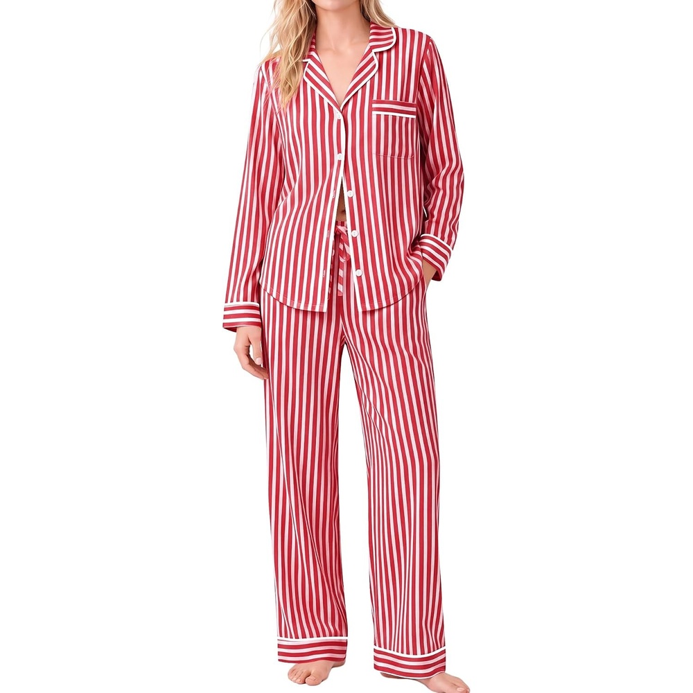 image:imageSWOMOG 100 Cotton Pajama Sets for Women Long Sleeve Button Down Pj Sets Sleepwear 2 Pcs Comfy Loungewear with PantsRed Stripe