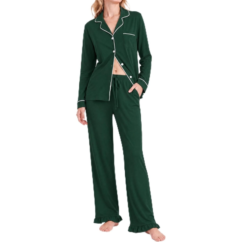 image:imageSWOMOG 100 Cotton Pajamas for Women Set 2 Pieces Button Down Pajamas SetGreen