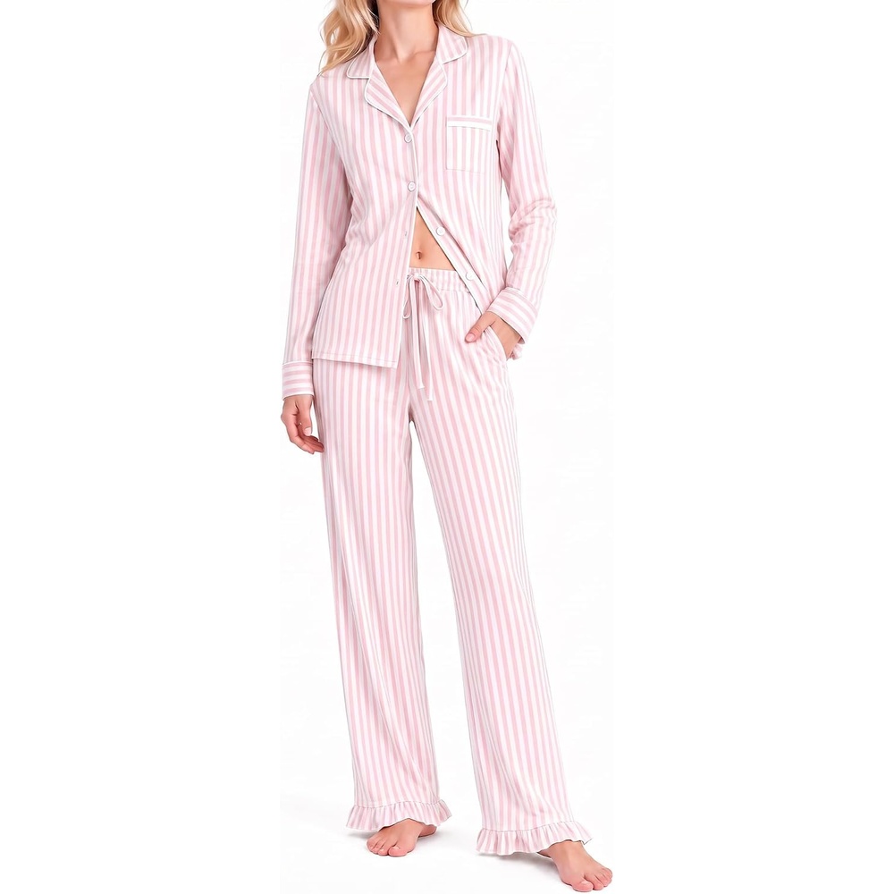 image:imageSWOMOG 100 Cotton Pajamas for Women Set 2 Pieces Button Down Pajamas SetPink White Stripes
