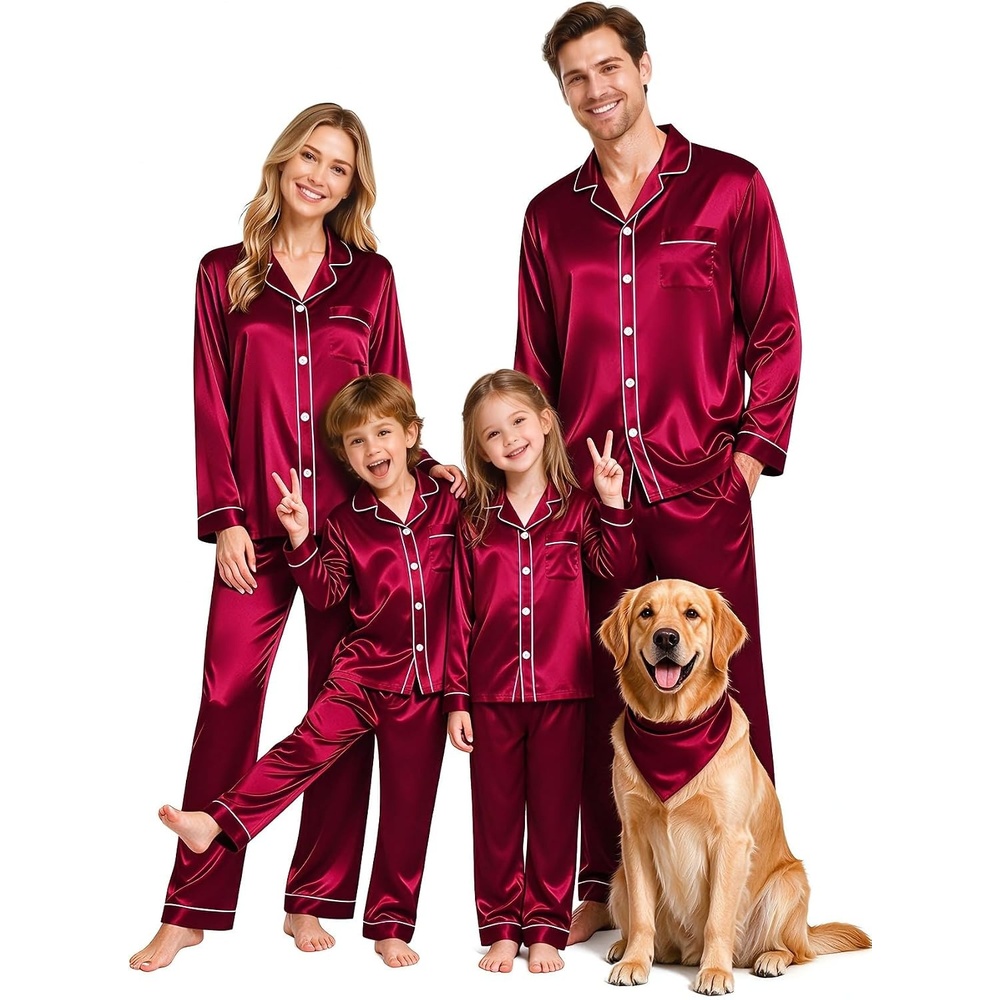 image:imageSWOMOG Family Silky Satin Pajama Set Long Sleeve Pj Set Button Dwon Loungewear 2 PCS Sleepwear SetBurgundy