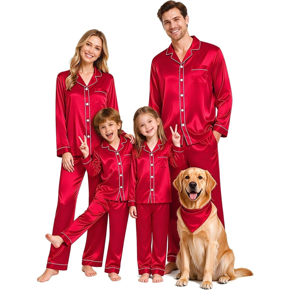 image:imageSWOMOG Family Silky Satin Pajama Set Long Sleeve Pj Set Button Dwon Loungewear 2 PCS Sleepwear SetRed