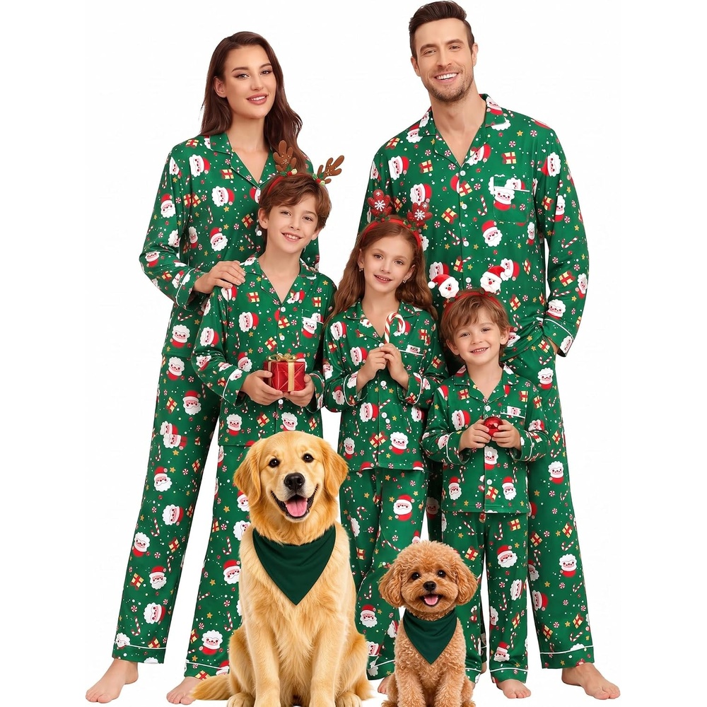 image:imageSWOMOG Matching Family Christmas Pajamas Set Modal Long Sleeve ButtonDown Sleepwear Family Festival Party Xmas PJs SetsGreen Christmas Santa