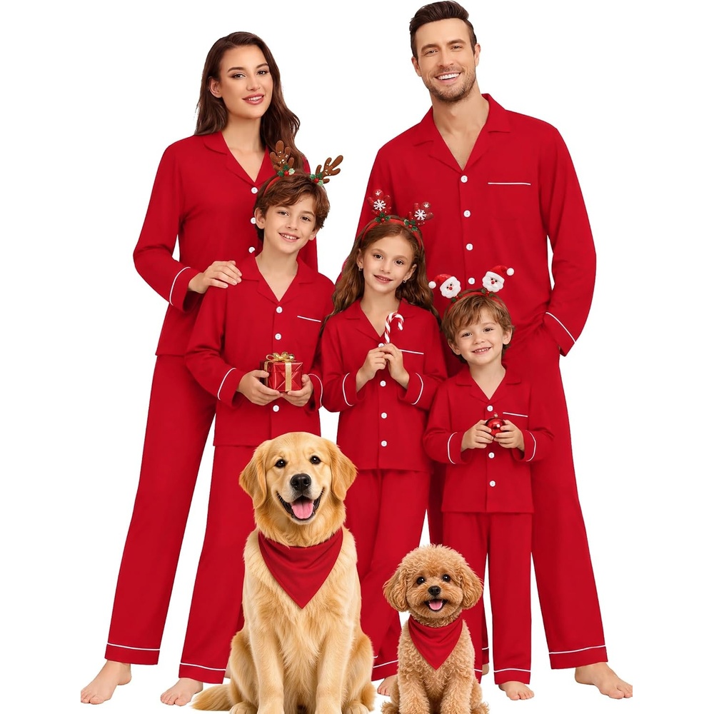image:imageSWOMOG Matching Family Christmas Pajamas Set Modal Long Sleeve ButtonDown Sleepwear Family Festival Party Xmas PJs SetsRed
