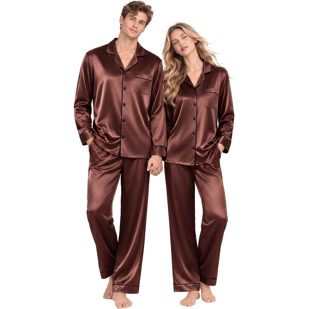 image:imageSWOMOG Matching Satin Pajamas for Couples Long Sleeve Button Down Sleepwear His and Hers Pajamas Sets Christmas LoungewearBrown