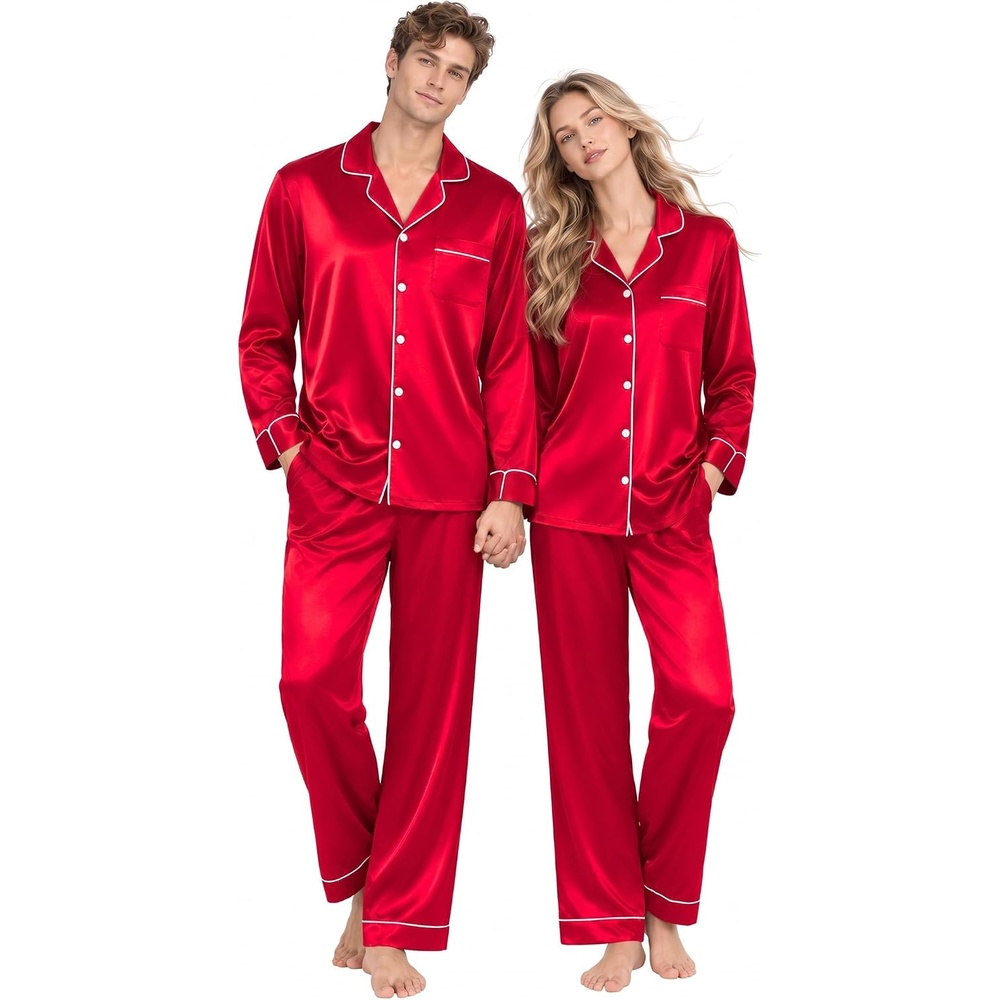image:imageSWOMOG Matching Satin Pajamas for Couples Long Sleeve Button Down Sleepwear His and Hers Pajamas Sets Christmas LoungewearRed