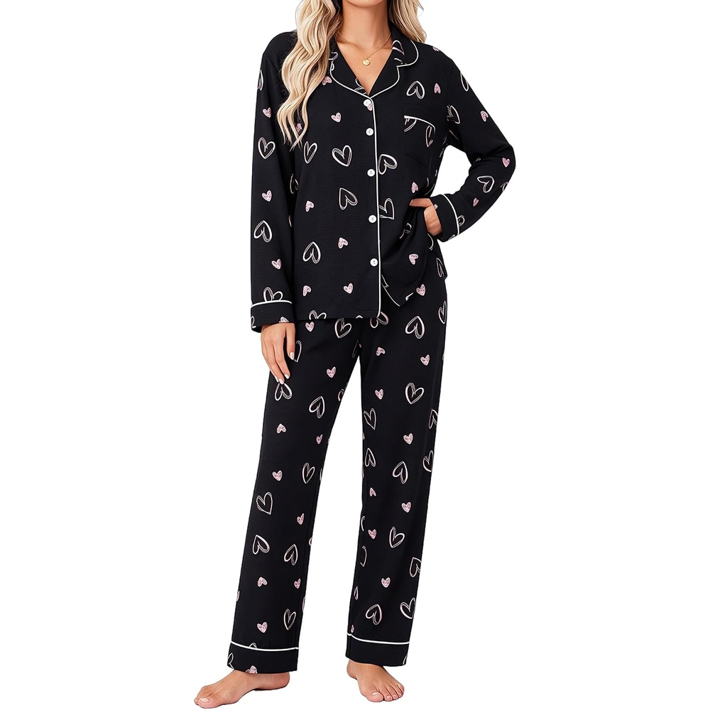 image:imageSWOMOG Pajamas for Women Sets 2 Piece Button Down Printed Pjs Long Sleeve Tops and Pants Sleepwear Cute LoungewearBlack Heart