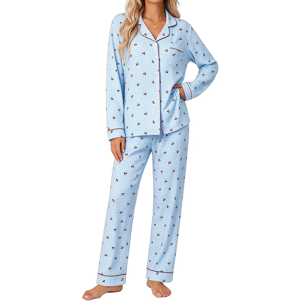 image:imageSWOMOG Pajamas for Women Sets 2 Piece Button Down Printed Pjs Long Sleeve Tops and Pants Sleepwear Cute LoungewearBlue Plaid Cherry