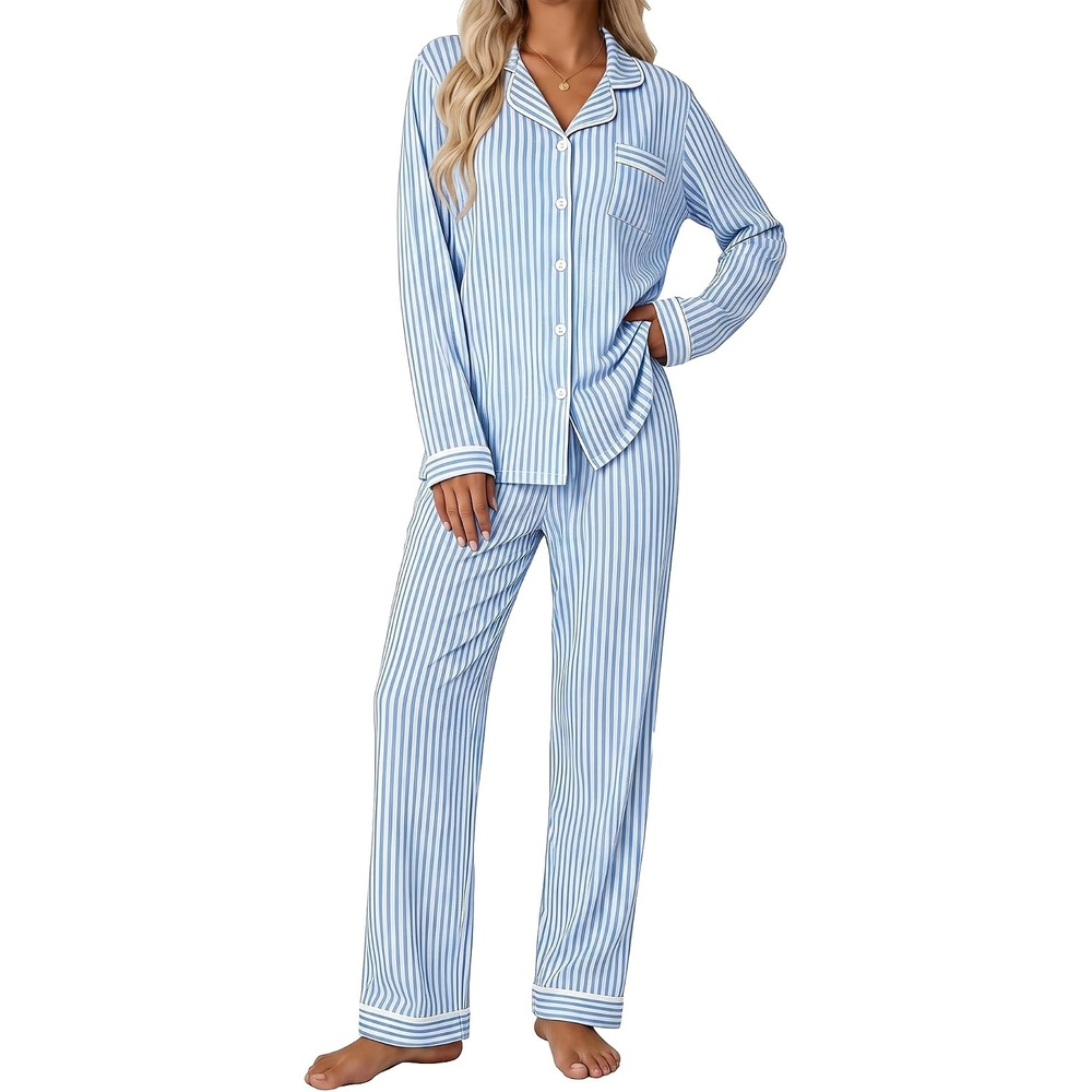 image:imageSWOMOG Pajamas for Women Sets 2 Piece Button Down Printed Pjs Long Sleeve Tops and Pants Sleepwear Cute LoungewearBlue Striped
