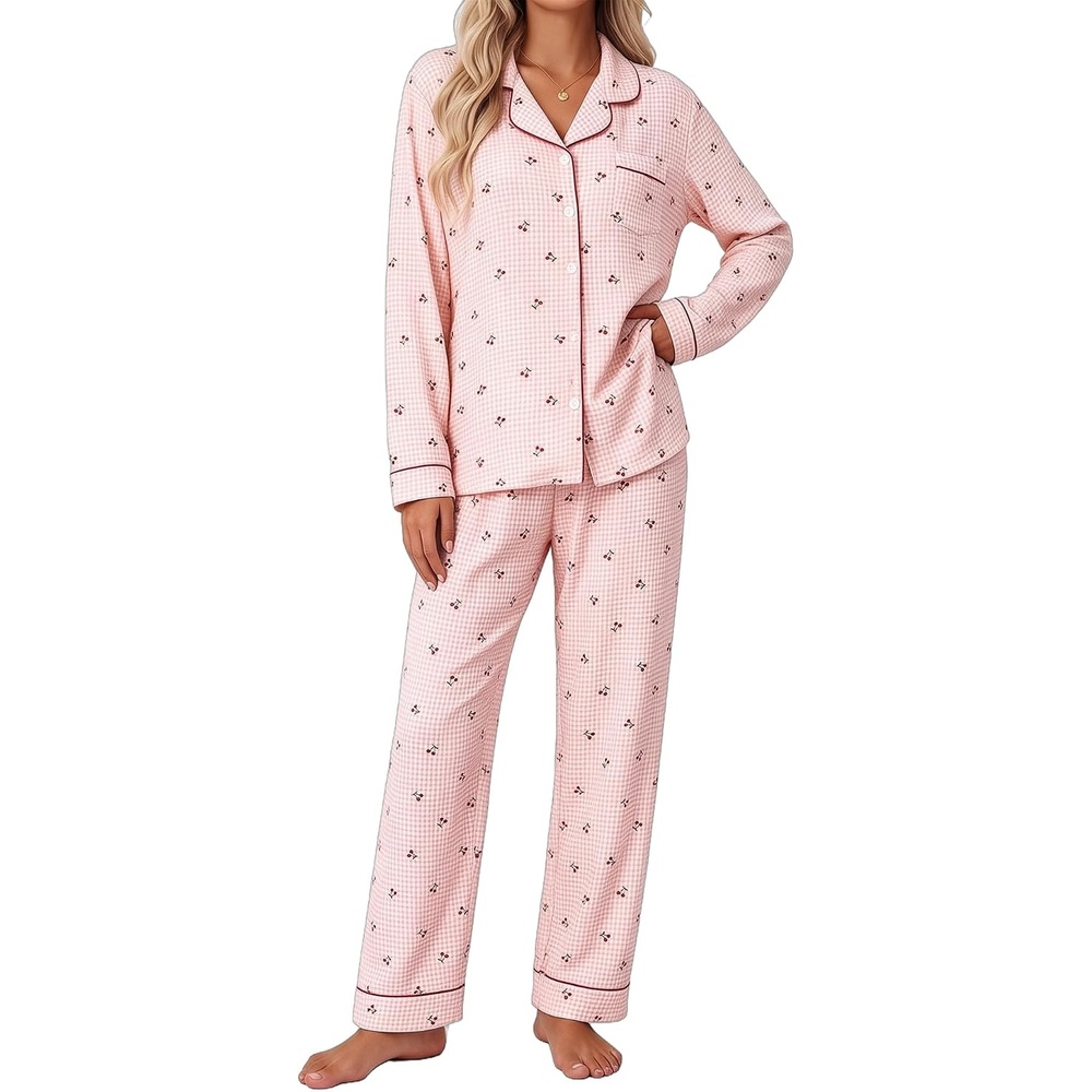 image:imageSWOMOG Pajamas for Women Sets 2 Piece Button Down Printed Pjs Long Sleeve Tops and Pants Sleepwear Cute LoungewearPink Plaid Cherry