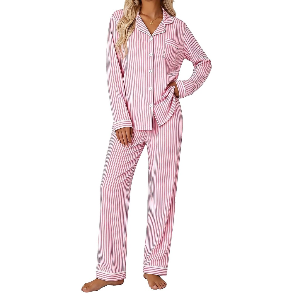 image:imageSWOMOG Pajamas for Women Sets 2 Piece Button Down Printed Pjs Long Sleeve Tops and Pants Sleepwear Cute LoungewearPink Striped