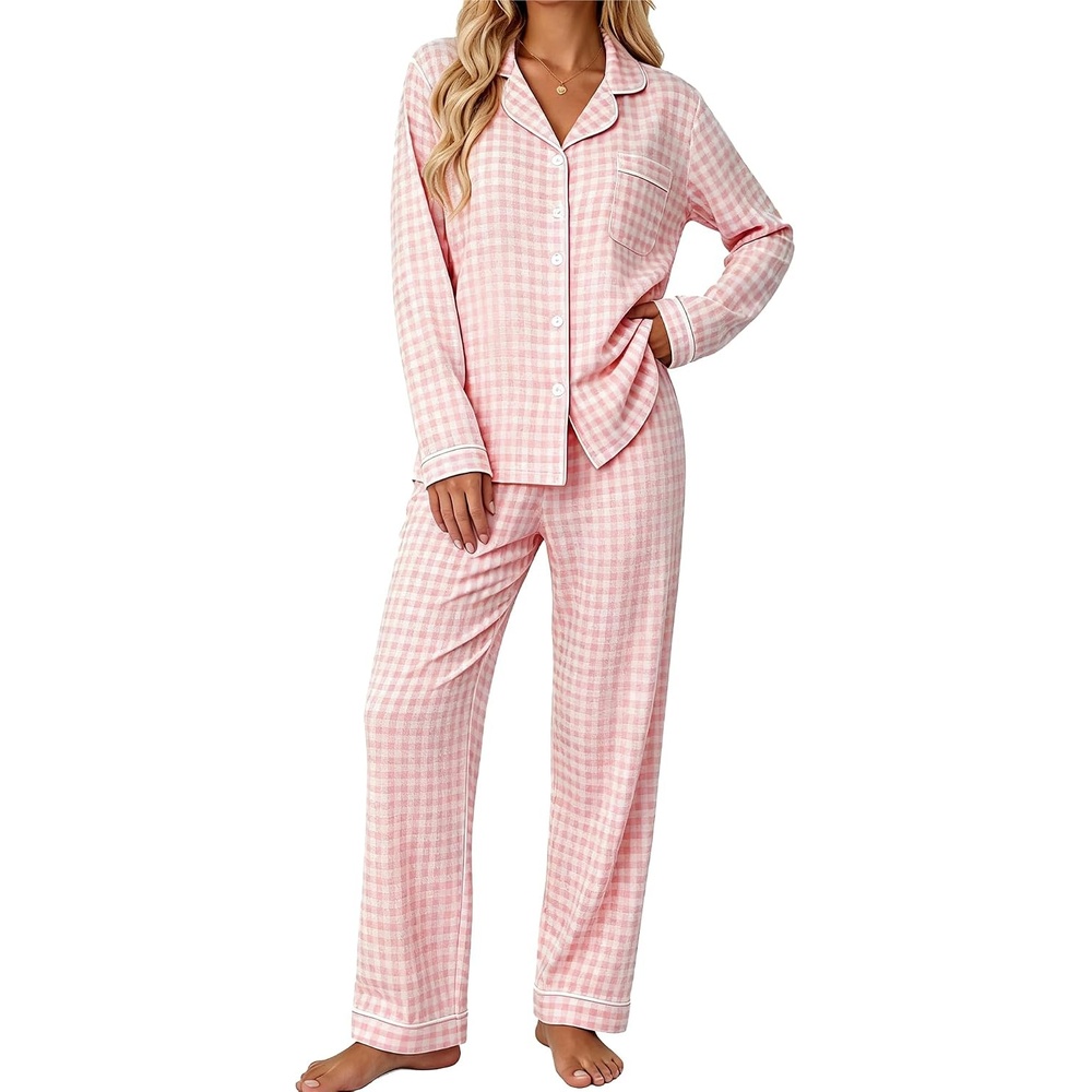 image:imageSWOMOG Pajamas for Women Sets 2 Piece Button Down Printed Pjs Long Sleeve Tops and Pants Sleepwear Cute LoungewearPink White Plaid