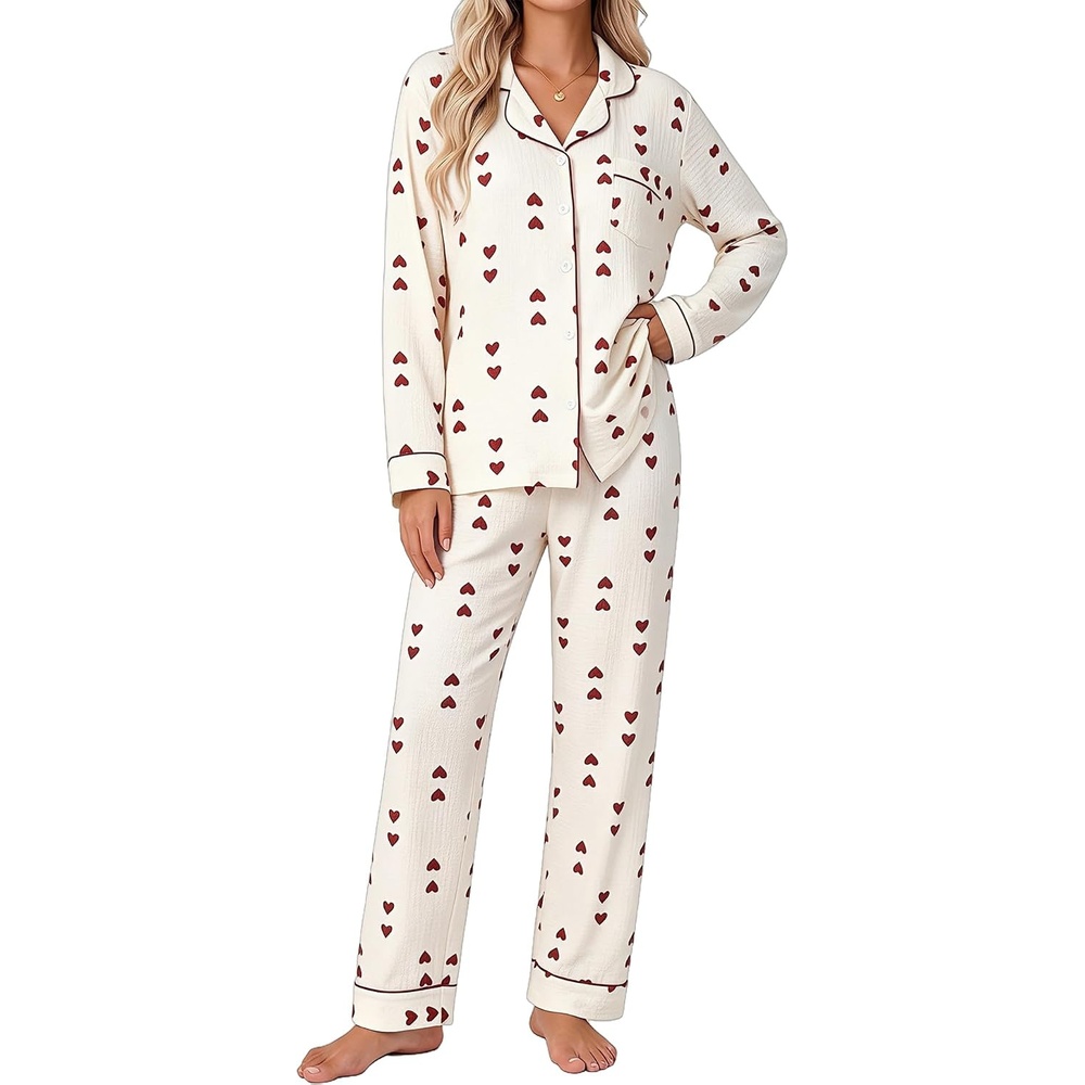 image:imageSWOMOG Pajamas for Women Sets 2 Piece Button Down Printed Pjs Long Sleeve Tops and Pants Sleepwear Cute LoungewearRed Heart