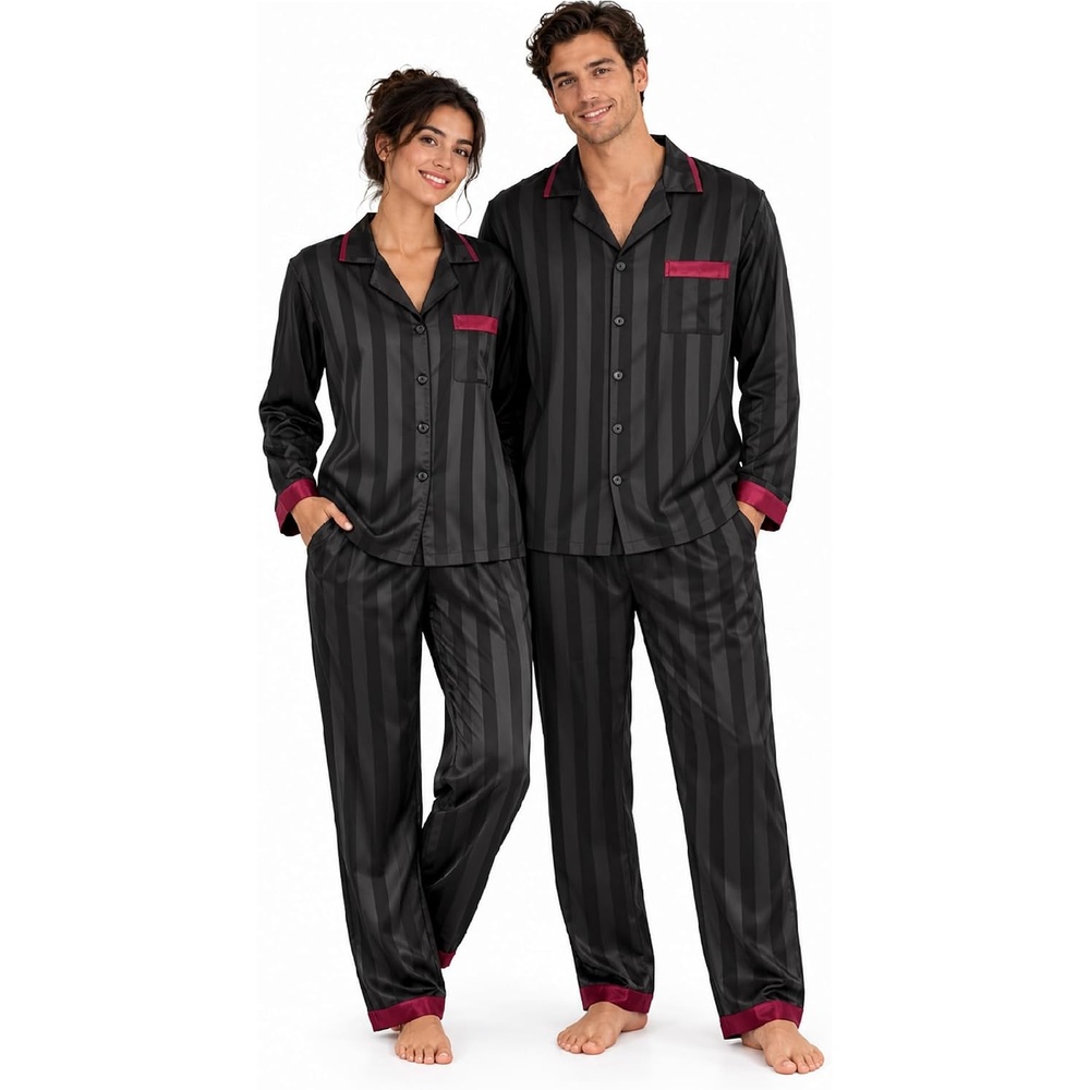 image:imageSWOMOG Silky Couple Matching Pajamas Sets 2 Pcs Lounge Set SleepwearBlack Stripes