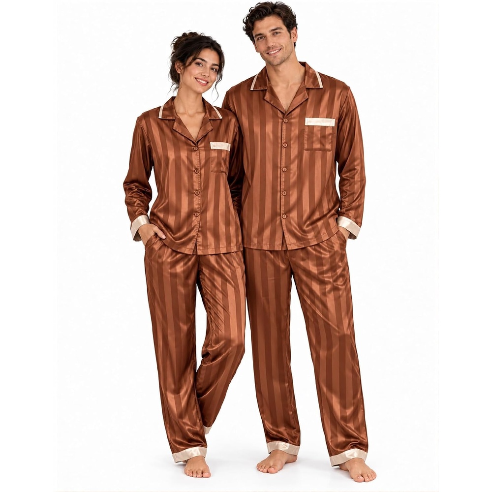 image:imageSWOMOG Silky Couple Matching Pajamas Sets 2 Pcs Lounge Set SleepwearBrown Stripes