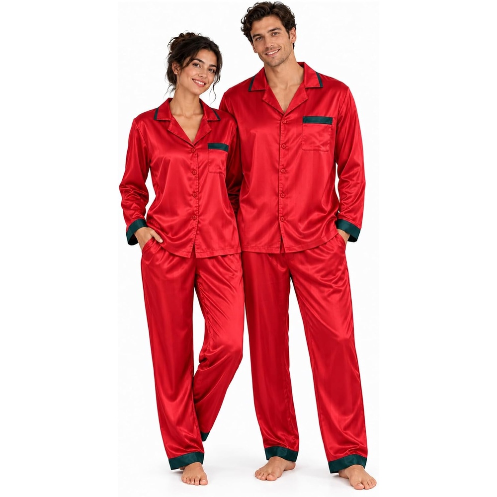 image:imageSWOMOG Silky Couple Matching Pajamas Sets 2 Pcs Lounge Set SleepwearRed