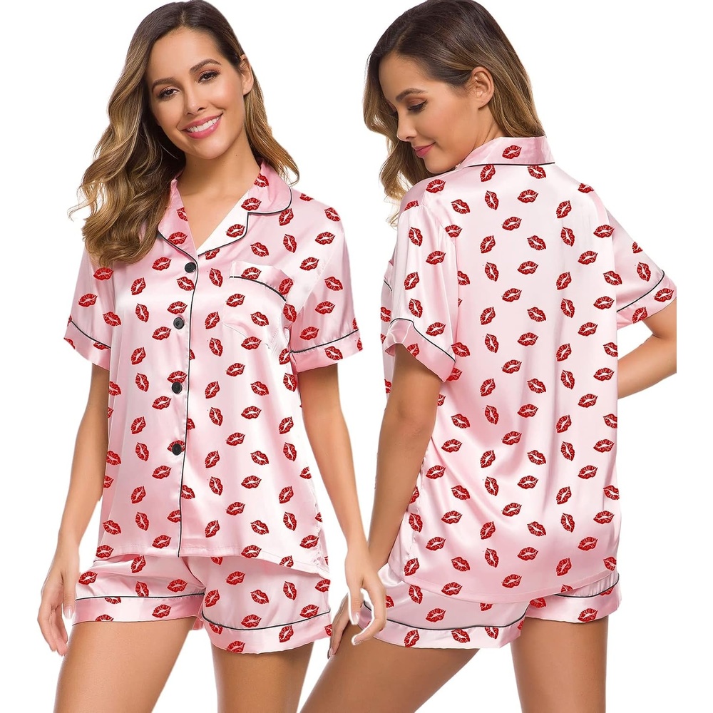 image:imageSWOMOG Womens Silk Satin Pajamas Set Short Sleeve Sleepwear Button Down Top and Shorts Loungewear 2 Piece Pjs Set XS3XLPink Kiss