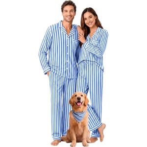 SWOMOG 100% Cotton Couples Pajama Set Long Sleeve Sleepwear Button Down Loungewear Pj Set with Pockets & Drawstring(Blue Stripes)