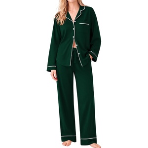 SWOMOG 100% Cotton Pajama Sets for Women Long Sleeve Button Down Pj Sets Sleepwear 2 Pcs Comfy Loungewear with Pants(Green)