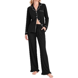 SWOMOG 100% Cotton Pajamas for Women Set 2 Pieces Button Down Pajamas Set(Black)