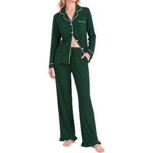 SWOMOG 100% Cotton Pajamas for Women Set 2 Pieces Button Down Pajamas Set(Green)